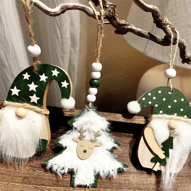 3-PCS Green wood chip trees Christmas Ornaments Hanging Pendants Nordic Style Gnomes and Reindeer with Faux Fur and Beads for Xmas Tree Home Party Decoration - Mekamart Australia