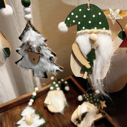 3-PCS Old Man with Green Stars Christmas Ornaments Hanging Pendants Nordic Style Gnomes and Reindeer with Faux Fur and Beads for Xmas Tree Home Party Decoration - Mekamart Australia