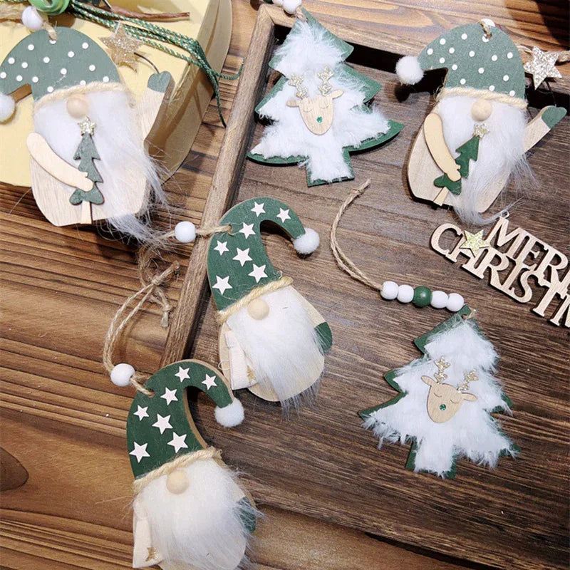 3-PCS Old Man with Green Stars Christmas Ornaments Hanging Pendants Nordic Style Gnomes and Reindeer with Faux Fur and Beads for Xmas Tree Home Party Decoration - Mekamart Australia