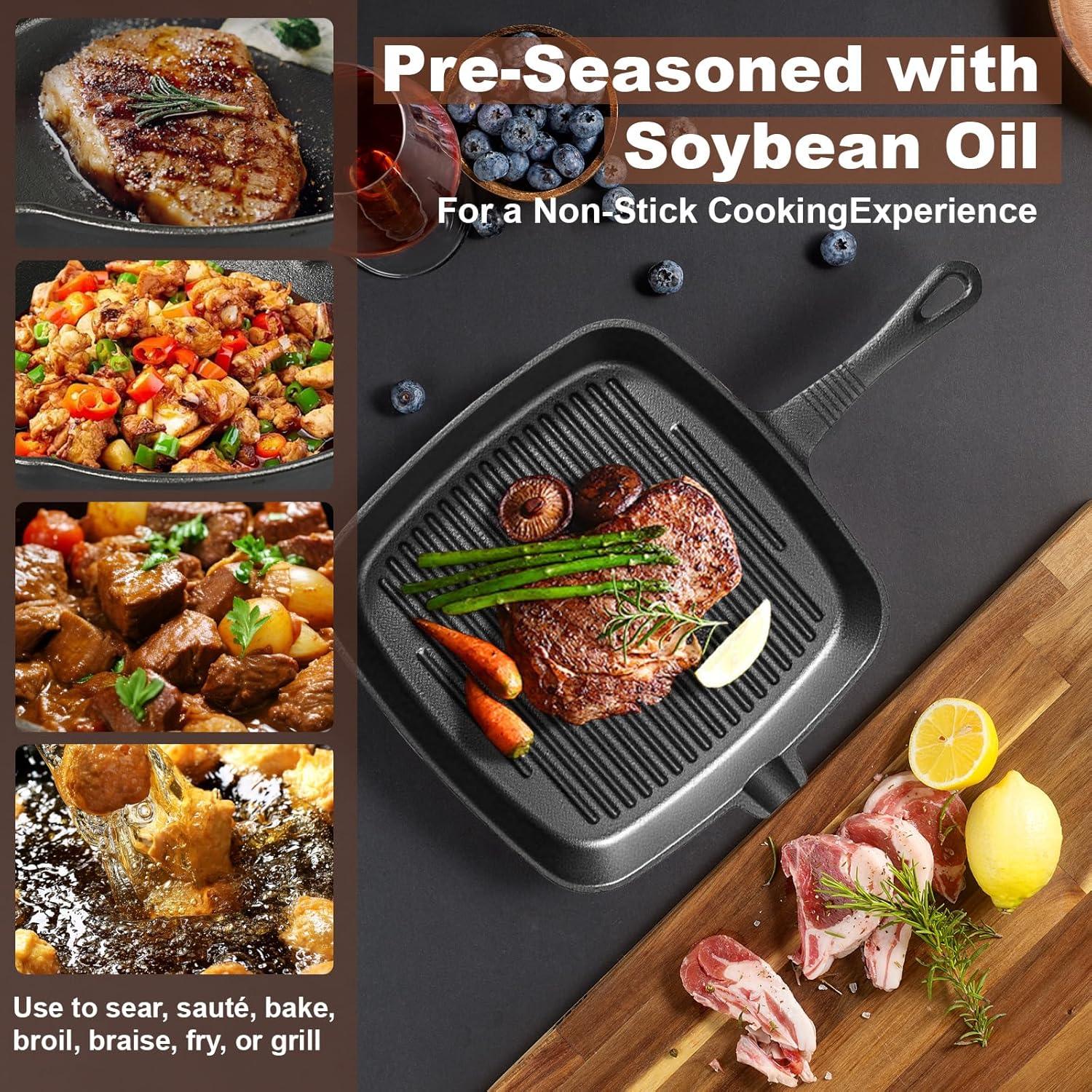 Five-piece set Heavy Duty Cast Iron Skillet & Grill Pan Thickened Vintage Style Cookware for Steak Breakfast & Camping - Mekamart Australia