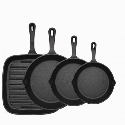 Four-piece set Heavy Duty Cast Iron Skillet & Grill Pan Thickened Vintage Style Cookware for Steak Breakfast & Camping - Mekamart Australia