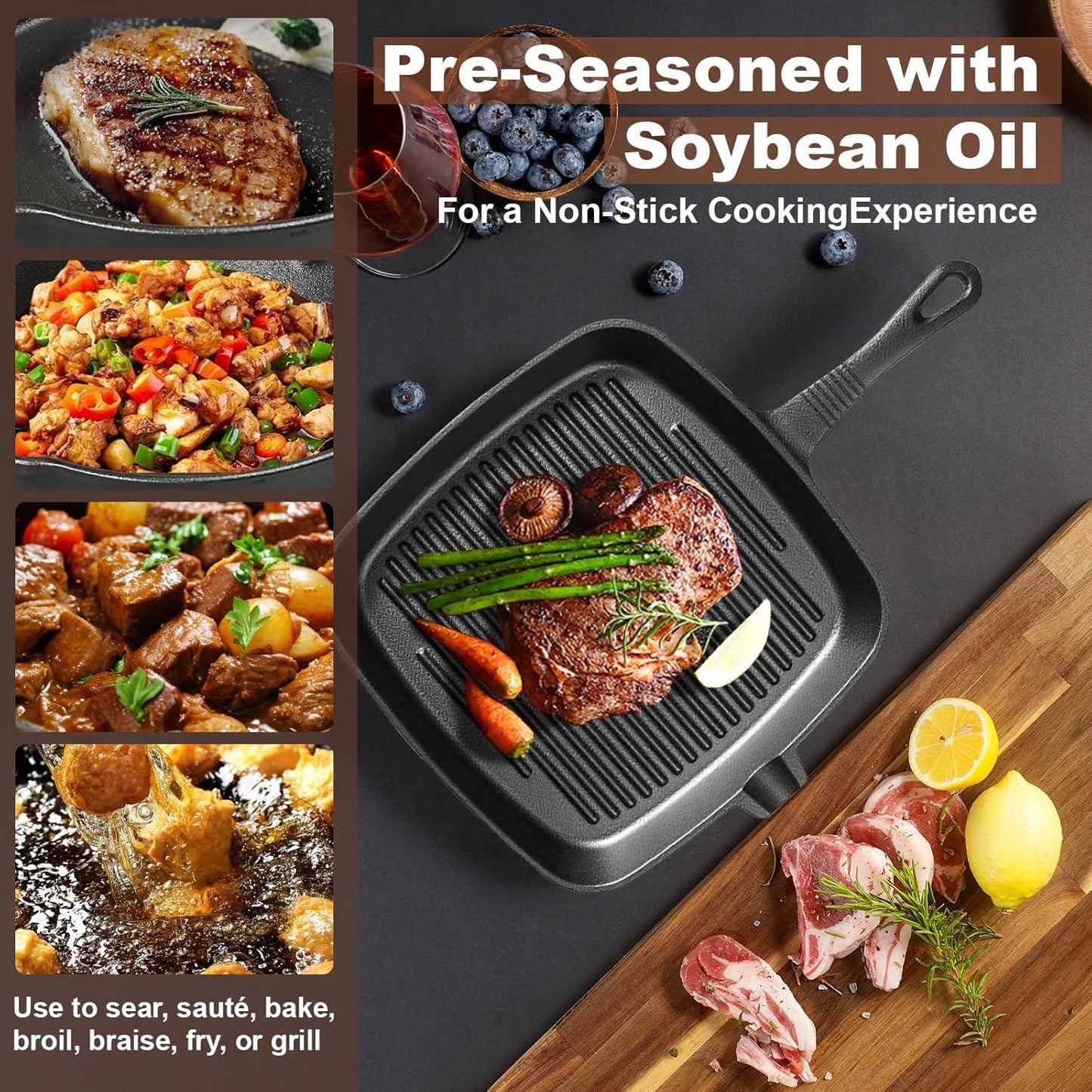 Four-piece set Heavy Duty Cast Iron Skillet & Grill Pan Thickened Vintage Style Cookware for Steak Breakfast & Camping - Mekamart Australia