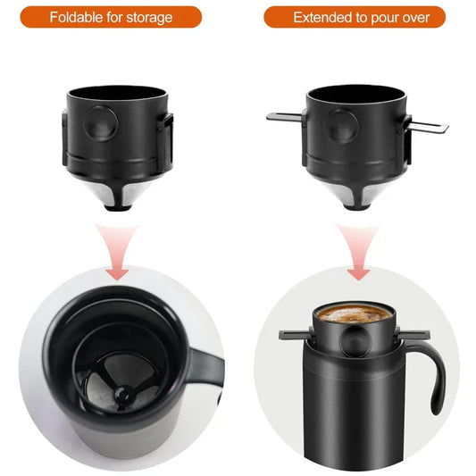 Black Portable Pour Over Coffee Maker Set Insulated Stainless Steel Travel Mug with Reusable Drip Filter and Spoon 3 Piece Kit - Mekamart Australia