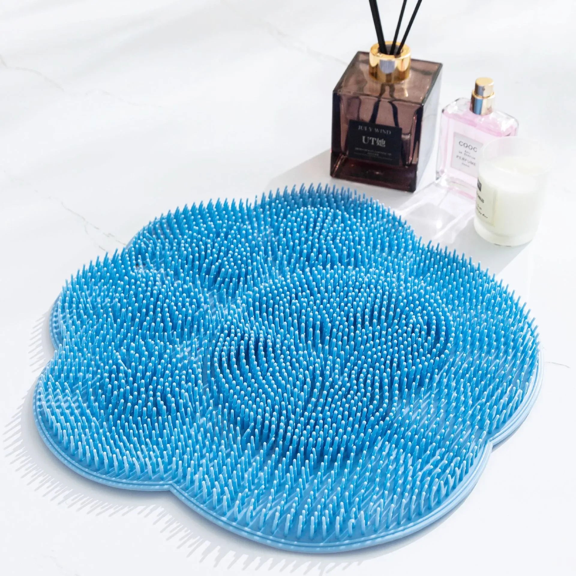 2-PCS Blue cat PAWS Non-Slip TPE Shower Mat with Foot Scrubber and Suction Cups Large Massage Bath Mat for Bathroom 30cm x 30cm - Mekamart Australia