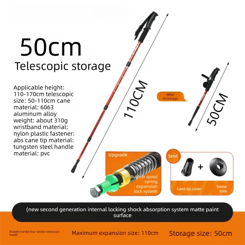 Red Professional Outdoor Trekking Pole – Lightweight Aluminum Alloy Adjustable Walking Stick with Shock Absorption System for Hiking, Climbing, and Kids | 4-Section Collapsible Design with Ergonomic Curved Handle - Mekamart Australia