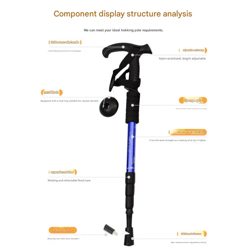 Red Professional Outdoor Trekking Pole – Lightweight Aluminum Alloy Adjustable Walking Stick with Shock Absorption System for Hiking, Climbing, and Kids | 4-Section Collapsible Design with Ergonomic Curved Handle - Mekamart Australia