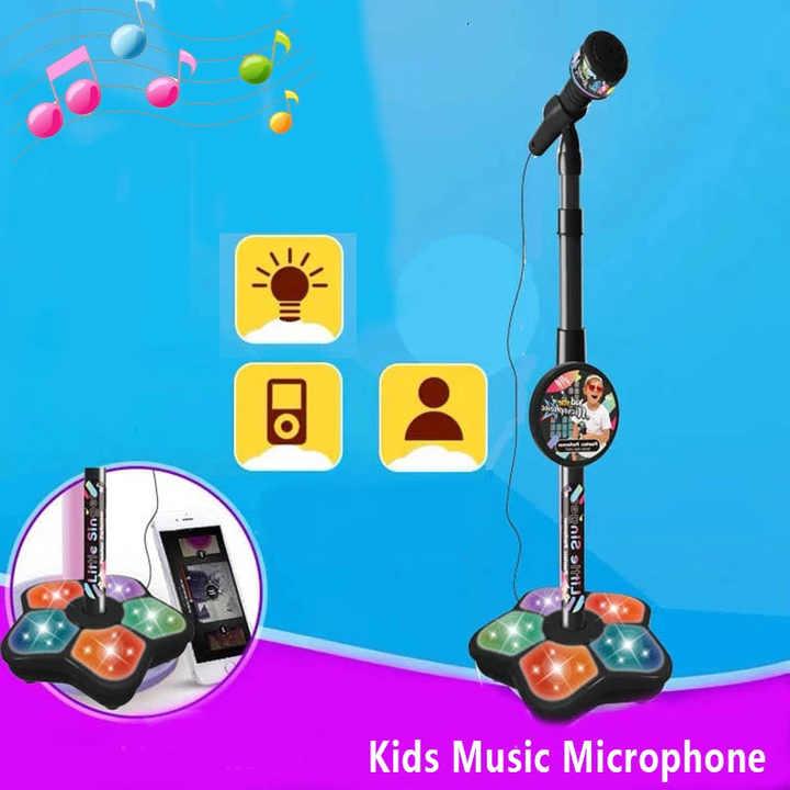 Black Kids Star Karaoke Microphone Stand Adjustable Height Music Toy with Flashing Lights and MP3 Connectivity for Boys and Girls - Mekamart Australia