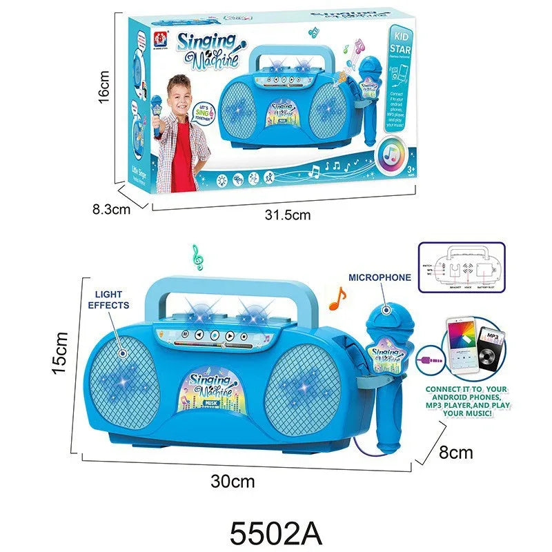 Blue Kids Portable Singing Machine Karaoke Boombox Toy with Microphone Flashing Lights and MP3 Music Player for Boys and Girls - Mekamart Australia