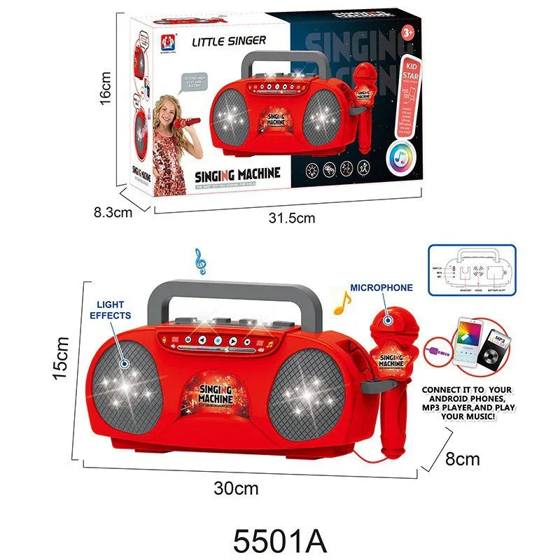 Red Kids Portable Singing Machine Karaoke Boombox Toy with Microphone Flashing Lights and MP3 Music Player for Boys and Girls - Mekamart Australia