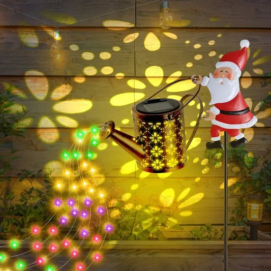 Colorful lights Solar Powered Santa Claus Garden Stake Light with Metal Watering Can - Colourful LED Waterfall Effect - Outdoor Christmas Decoration for Yards and Pathways - 82cm Height - Mekamart Australia