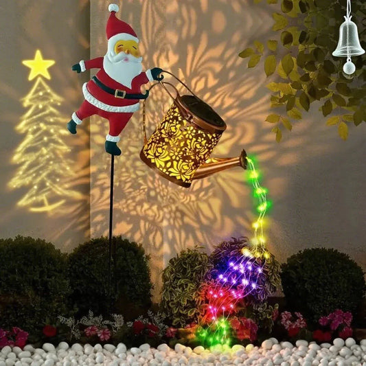 Colorful lights Solar Powered Christmas Garden Stake - Metal Santa with Watering Can & Multi-Colour LED Waterfall - 82cm Outdoor Yard Decoration - Mekamart Australia