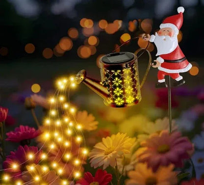 Warm white light Solar Powered Christmas Garden Stake - Metal Santa with Watering Can & LED Waterfall - 82cm Outdoor Yard Decoration - Mekamart Australia