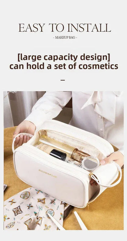 Black Large Capacity PU Leather Makeup Bag Dual Zipper Cosmetic Case Waterproof Travel Toiletry Organiser with Brush Compartment - Mekamart Australia