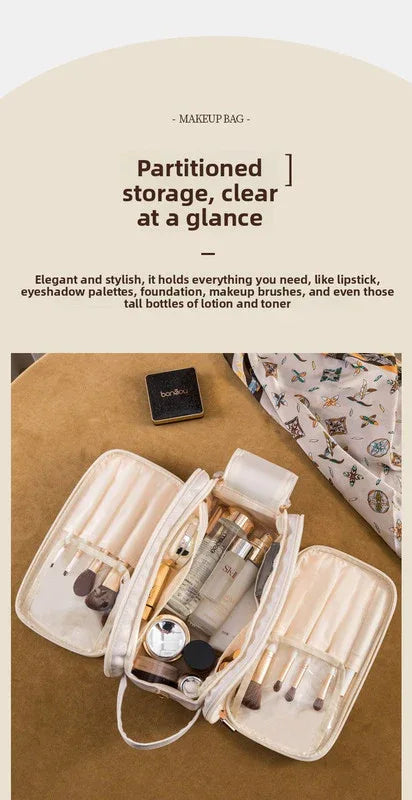 Black Large Capacity PU Leather Makeup Bag Dual Zipper Cosmetic Case Waterproof Travel Toiletry Organiser with Brush Compartment - Mekamart Australia