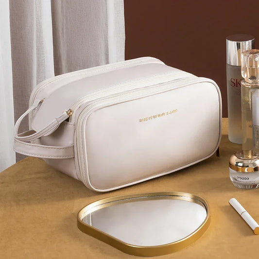 White Large Capacity PU Leather Makeup Bag Dual Zipper Cosmetic Case Waterproof Travel Toiletry Organiser with Brush Compartment - Mekamart Australia