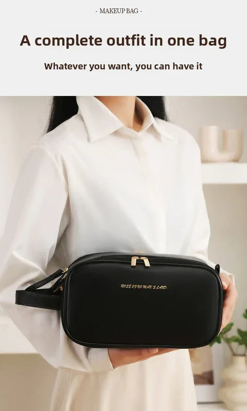 White Large Capacity PU Leather Makeup Bag Dual Zipper Cosmetic Case Waterproof Travel Toiletry Organiser with Brush Compartment - Mekamart Australia
