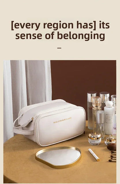 Brown Large Capacity PU Leather Makeup Bag Dual Zipper Cosmetic Case Waterproof Travel Toiletry Organiser with Brush Compartment - Mekamart Australia