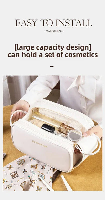 Brown Large Capacity PU Leather Makeup Bag Dual Zipper Cosmetic Case Waterproof Travel Toiletry Organiser with Brush Compartment - Mekamart Australia