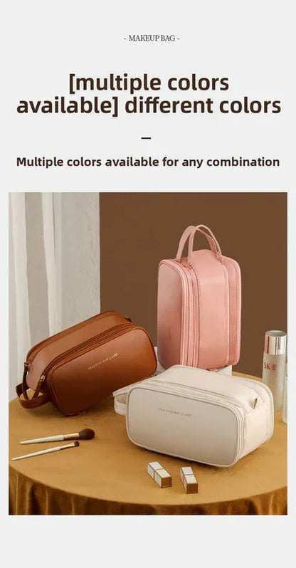 Brown Large Capacity PU Leather Makeup Bag Dual Zipper Cosmetic Case Waterproof Travel Toiletry Organiser with Brush Compartment - Mekamart Australia