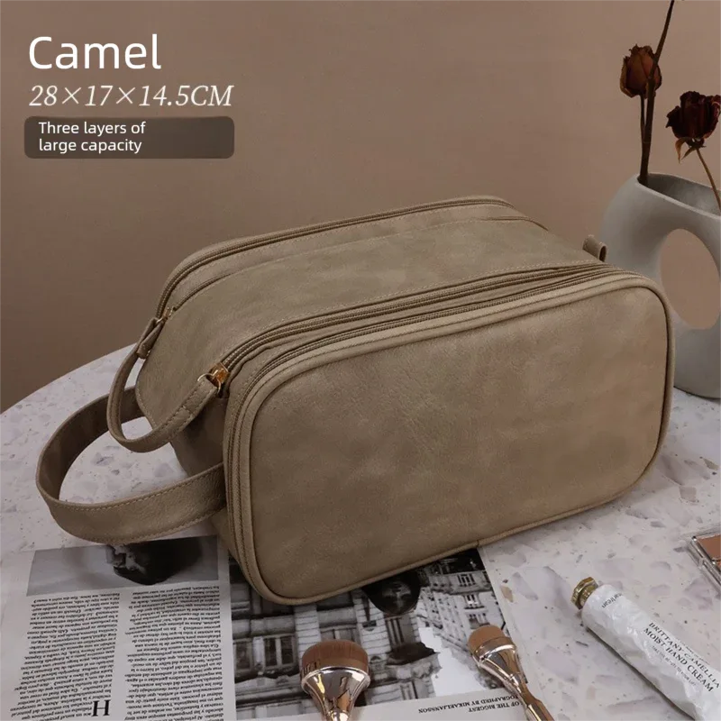 Luxury Camel Colour Large Capacity Makeup Bag – 3-Layer Double Zipper Travel Toiletry Organizer with Waterproof TPU Brush Holders - Mekamart Australia