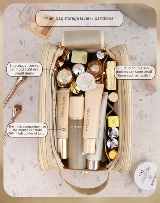 Luxury Camel Colour Large Capacity Makeup Bag – 3-Layer Double Zipper Travel Toiletry Organizer with Waterproof TPU Brush Holders - Mekamart Australia