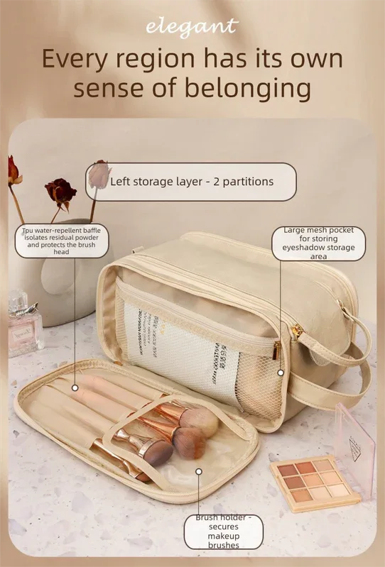 Luxury Camel Colour Large Capacity Makeup Bag – 3-Layer Double Zipper Travel Toiletry Organizer with Waterproof TPU Brush Holders - Mekamart Australia