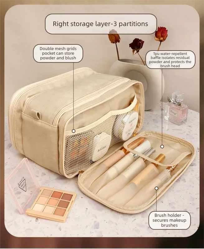 Luxury Camel Colour Large Capacity Makeup Bag – 3-Layer Double Zipper Travel Toiletry Organizer with Waterproof TPU Brush Holders - Mekamart Australia