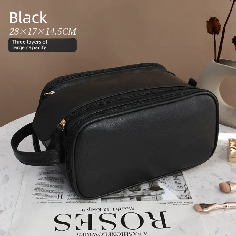 Luxury Black Large Capacity Makeup Bag – 3-Layer Double Zipper Travel Toiletry Organizer with Waterproof TPU Brush Holders - Mekamart Australia