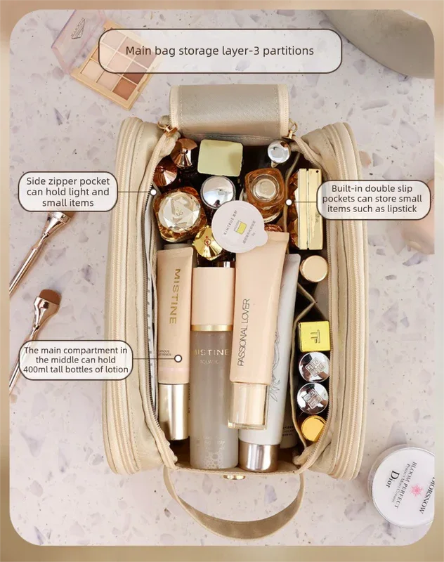 Luxury Black Large Capacity Makeup Bag – 3-Layer Double Zipper Travel Toiletry Organizer with Waterproof TPU Brush Holders - Mekamart Australia