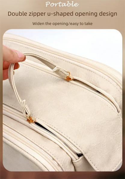 Large Pink PU Leather Makeup Bag Dual Zipper Cosmetic Travel Case Waterproof Toiletry Organiser with Brush Compartment - Mekamart Australia