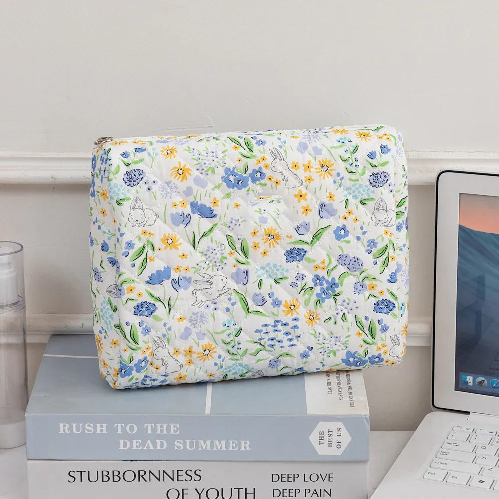 3SET Quilted Floral Makeup Bag Collection Cute Rabbit Pattern Cosmetic Pouch &Travel Toiletry Organizer & Pencil Case for School and Home - Mekamart Australia
