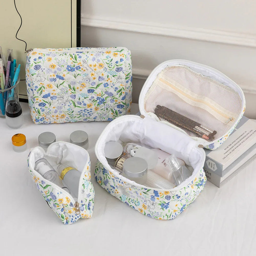 3SET Quilted Floral Makeup Bag Collection Cute Rabbit Pattern Cosmetic Pouch &Travel Toiletry Organizer & Pencil Case for School and Home - Mekamart Australia