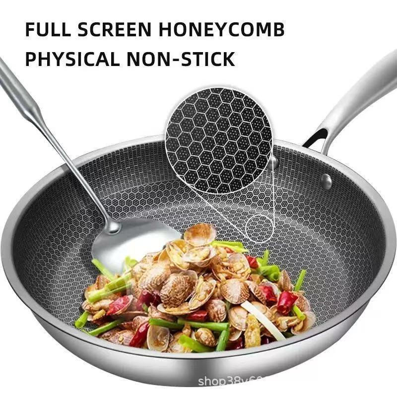 Stainless Steel Non-Stick Frying Pan 26CM Honeycomb Wok Skillet with Lid Induction Compatible Cookware Silver - Mekamart Australia