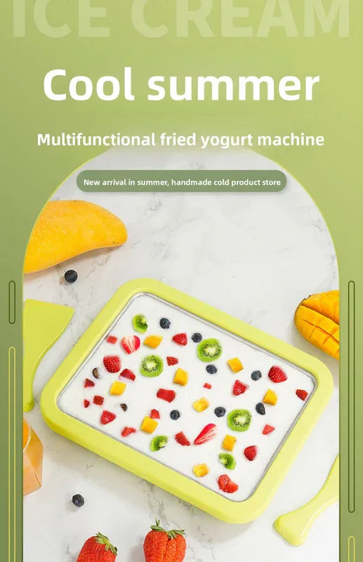 Green DIY Rolled Ice Cream Maker Pan Instant Frozen Yoghurt & Sorbet Tray 304 Stainless Steel No Electricity Required with Spatulas - Mekamart Australia