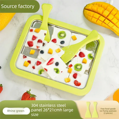 Green DIY Rolled Ice Cream Maker Pan Instant Frozen Yoghurt & Sorbet Tray 304 Stainless Steel No Electricity Required with Spatulas - Mekamart Australia