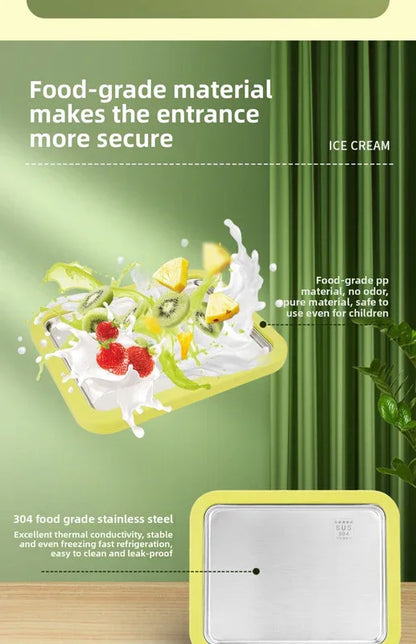 Green DIY Rolled Ice Cream Maker Pan Instant Frozen Yoghurt & Sorbet Tray 304 Stainless Steel No Electricity Required with Spatulas - Mekamart Australia