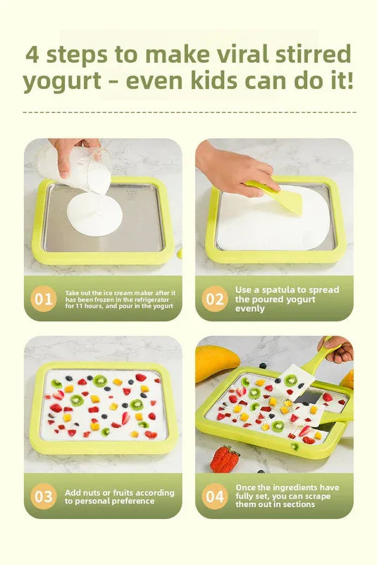 Green DIY Rolled Ice Cream Maker Pan Instant Frozen Yoghurt & Sorbet Tray 304 Stainless Steel No Electricity Required with Spatulas - Mekamart Australia