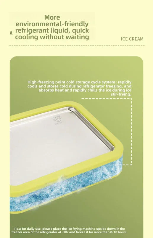 Green DIY Rolled Ice Cream Maker Pan Instant Frozen Yoghurt & Sorbet Tray 304 Stainless Steel No Electricity Required with Spatulas - Mekamart Australia