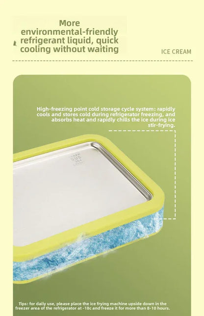 Green DIY Rolled Ice Cream Maker Pan Instant Frozen Yoghurt & Sorbet Tray 304 Stainless Steel No Electricity Required with Spatulas - Mekamart Australia