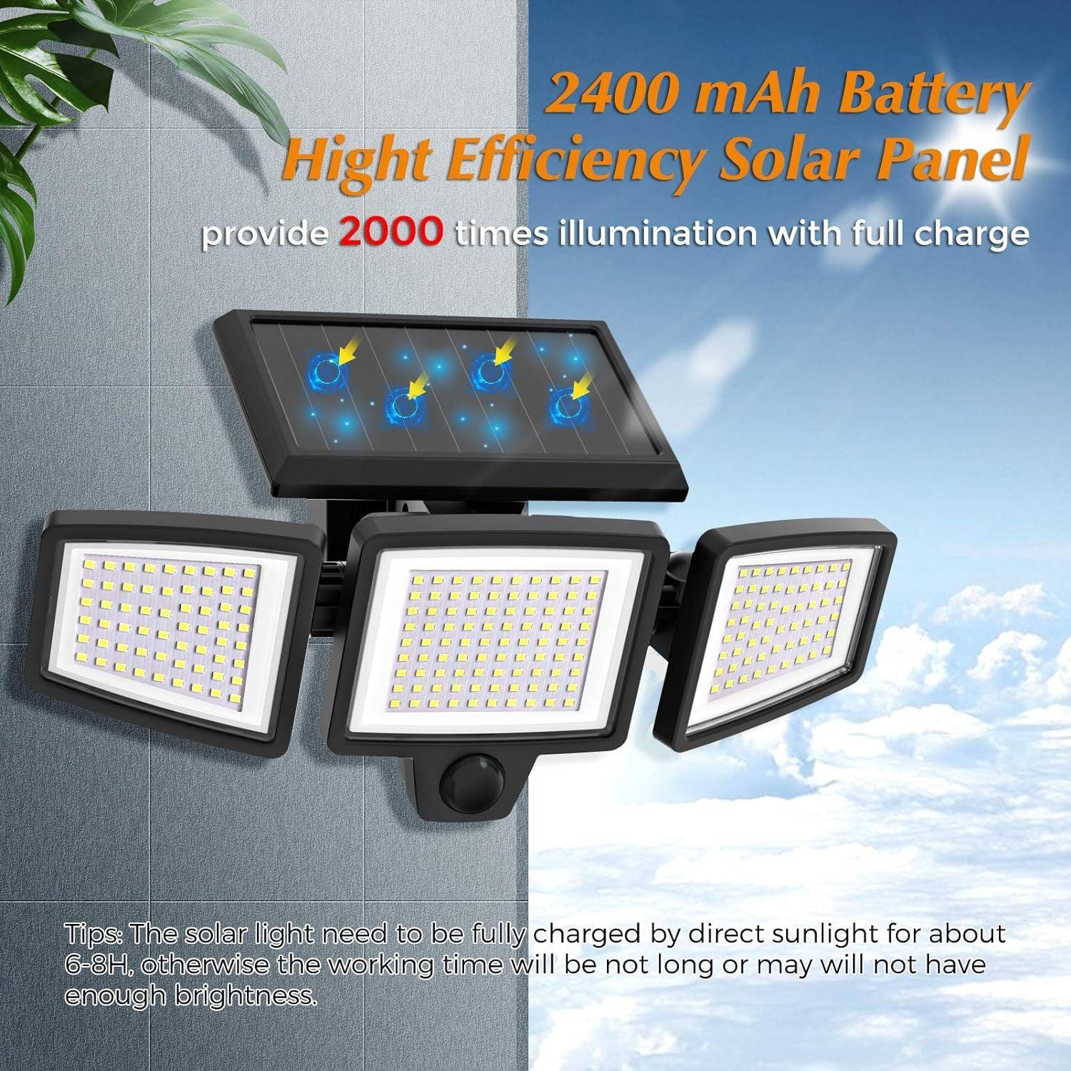Solar Outdoor Security Lights Motion Sensor 210 LED - 3 Adjustable Heads Flood Light with Remote Control IP65 Waterproof for Garden Garage & Yard - Mekamart Australia