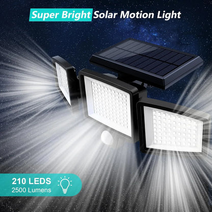 Solar Outdoor Security Lights Motion Sensor 210 LED - 3 Adjustable Heads Flood Light with Remote Control IP65 Waterproof for Garden Garage & Yard - Mekamart Australia