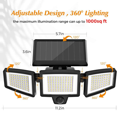 Solar Outdoor Security Lights Motion Sensor 210 LED - 3 Adjustable Heads Flood Light with Remote Control IP65 Waterproof for Garden Garage & Yard - Mekamart Australia
