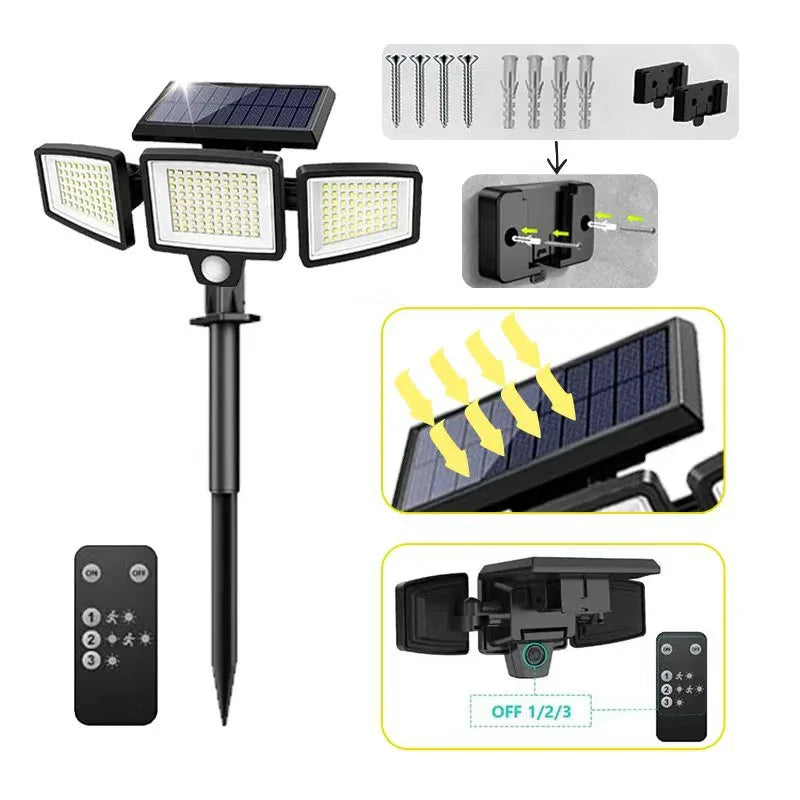 Solar Garden Lights Outdoor Motion Sensor 210 LED - 2-in-1 Ground Spike & Wall Mount Flood Light with Remote IP65 Waterproof for Pathway & Yard - Mekamart Australia