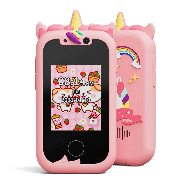 Kids Unicorn Smart Phone Toy with Dual Camera and IPS Touch Screen Educational Games MP3 Music Player 512MB Card Included Pink Silicone Case Ideal for Girls Gift - Mekamart Australia