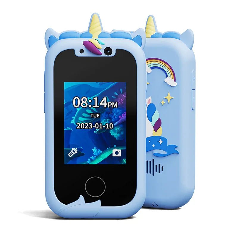 Kids Unicorn Smart Phone Toy with Dual Camera and IPS Touch Screen Educational Games MP3 Music Player 512MB Card Included Blue Silicone Case Ideal for Girls Gift - Mekamart Australia