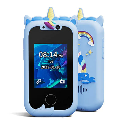 Kids Unicorn Smart Phone Toy with Dual Camera and IPS Touch Screen Educational Games MP3 Music Player 512MB Card Included Blue Silicone Case Ideal for Girls Gift - Mekamart Australia