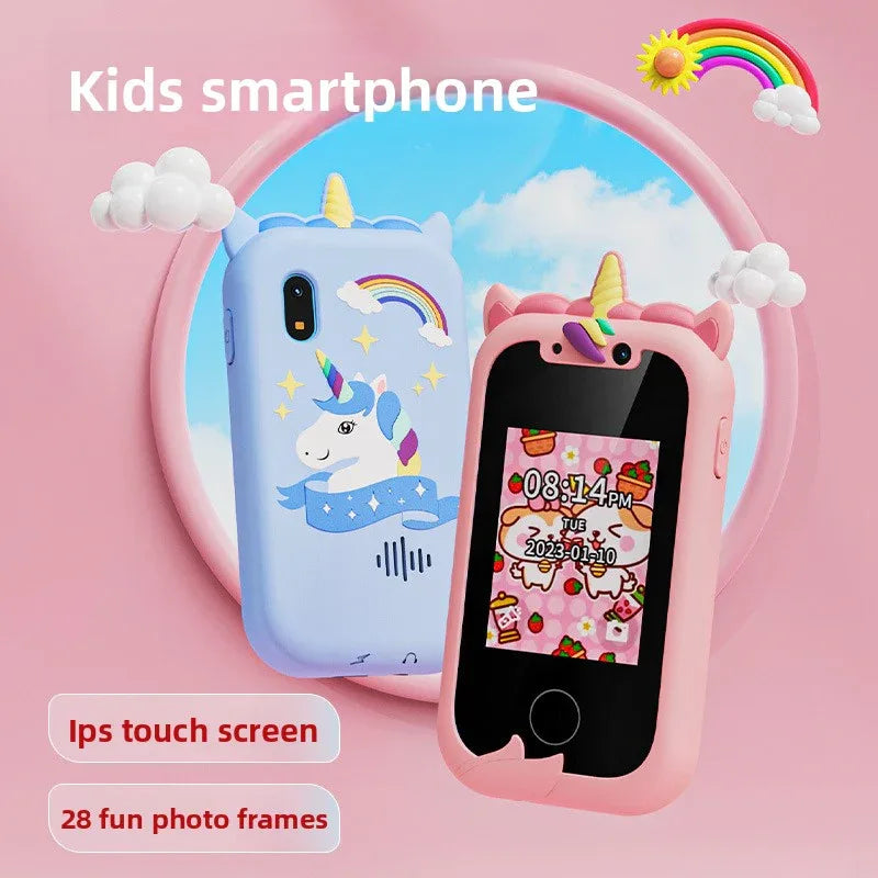Kids Unicorn Smart Phone Toy with Dual Camera and IPS Touch Screen Educational Games MP3 Music Player 512MB Card Included Blue Silicone Case Ideal for Girls Gift - Mekamart Australia