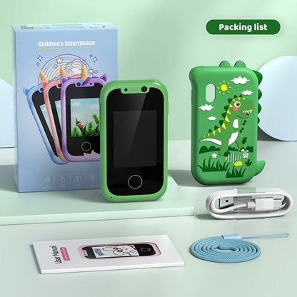 Kids Smart Phone Toy with Dual Camera and IPS Touch Screen Green Dinosaur Silicone Case Educational Games MP3 Music Player 512MB Card Included Ideal Gift for Boys - Mekamart Australia