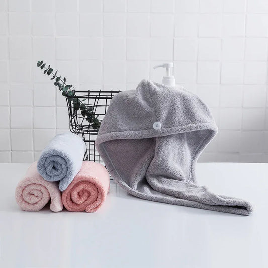 Soft Microfibre Hair Drying Towel Wrap - Super Absorbent Coral Fleece Turban with Secure Button - Quick Dry Bath Head Cap for Wet Hair & Spa - Pale Pink - Mekamart Australia
