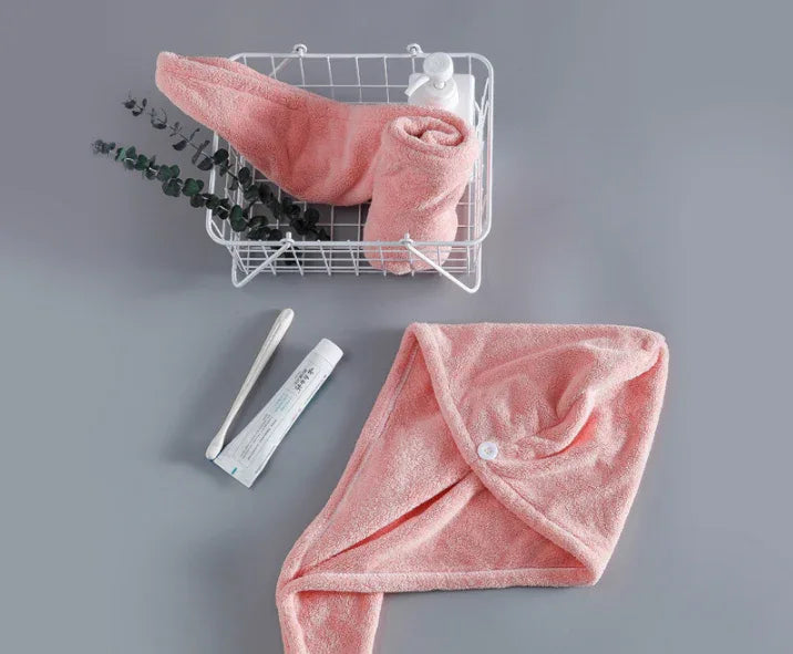 Soft Microfibre Hair Drying Towel Wrap - Super Absorbent Coral Fleece Turban with Secure Button - Quick Dry Bath Head Cap for Wet Hair & Spa - Crimson - Mekamart Australia